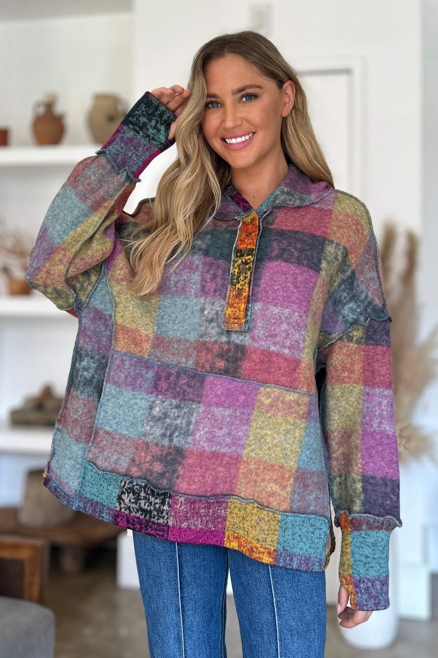 Double Take Full Size Plaid Dropped Shoulder Hoodie - Trendsi - Flyclothing LLC