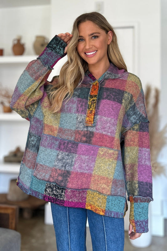 Double Take Full Size Plaid Dropped Shoulder Hoodie - Trendsi
