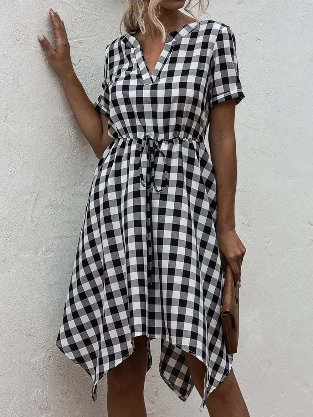 Plaid Notched Short Sleeve Dress - Trendsi - Flyclothing LLC