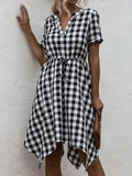 Plaid Notched Short Sleeve Dress - Trendsi