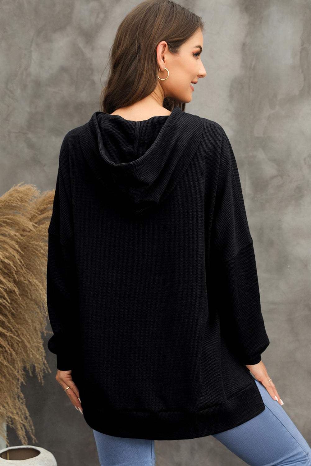 Waffle-Knit Long Sleeve Hoodie - Trendsi - Flyclothing LLC