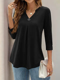 Notched Three-Quarter Sleeve T-Shirt - Trendsi