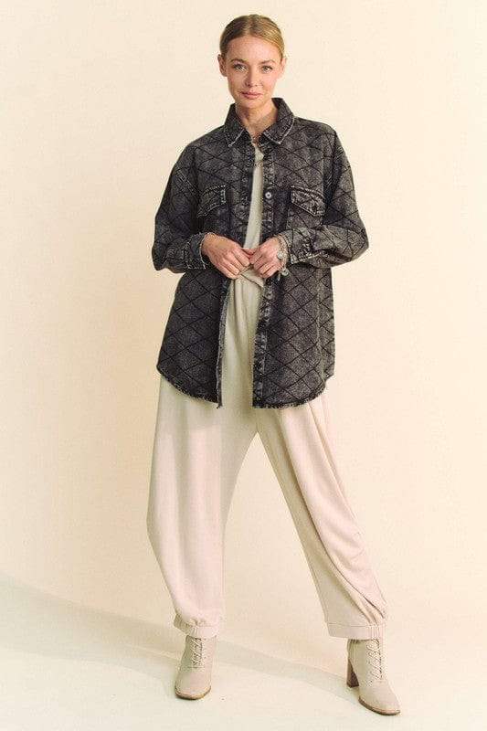 Davi & Dani Curved Hem Diamond Quilted Button Up Denim Shacket - Trendsi - Flyclothing LLC