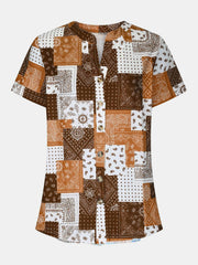 Printed Notched Short Sleeve Blouse - Trendsi