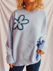 Flower Round Neck Long Sleeve Sweater - Trendsi