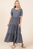 BOMBOM Textured Short Sleeve Tiered Dress - Trendsi