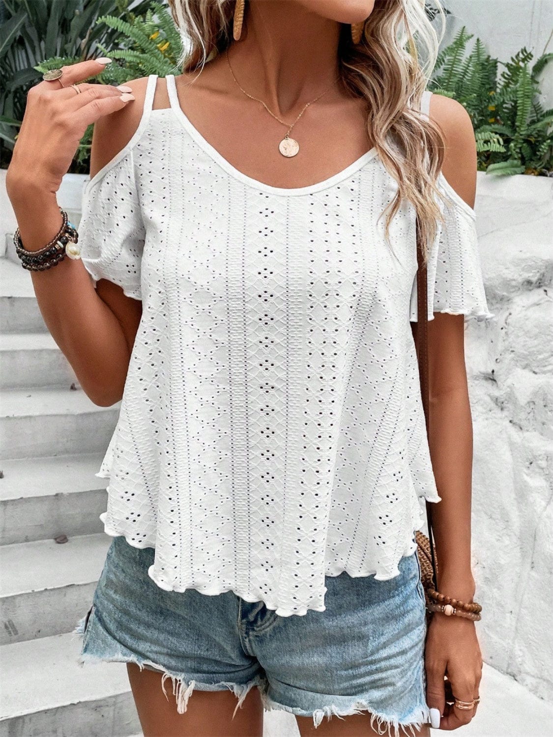 Eyelet Cold Shoulder Short Sleeve Blouse - Trendsi