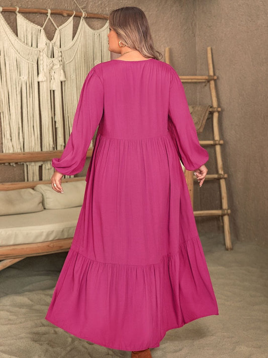 Plus Size Ruffled V-Neck Long Sleeve Dress - Trendsi