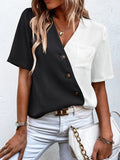 Decorative Button Surplice Short Sleeve Blouse - Trendsi