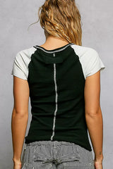 POL Round Neck Outseam Detail T-Shirt with Contrast Color Sleeves - Trendsi - Flyclothing LLC