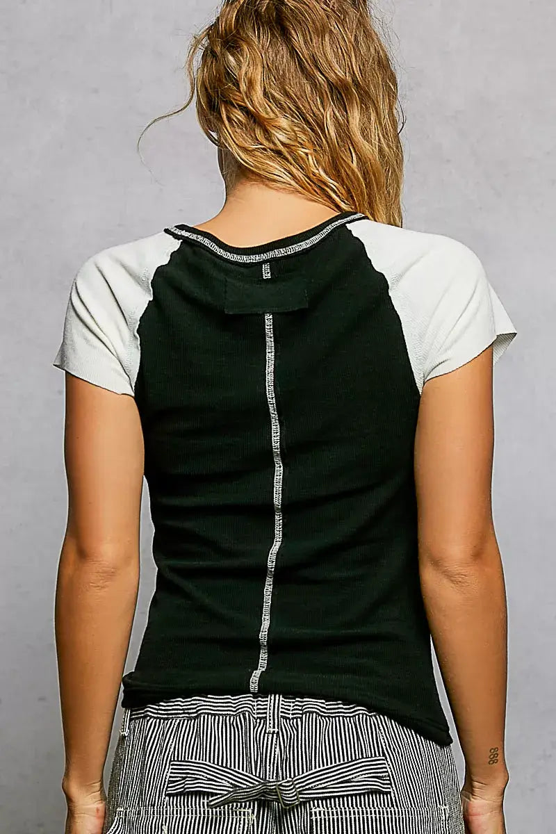 POL Round Neck Outseam Detail T-Shirt with Contrast Color Sleeves - Trendsi - Flyclothing LLC