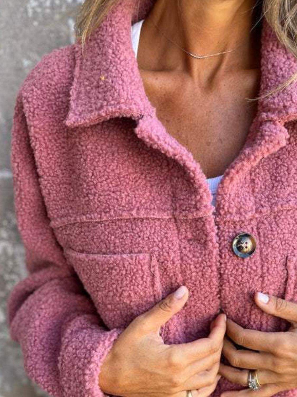 Full Size Fuzzy Button Up Drop Shoulder Jacket - Trendsi - Flyclothing LLC