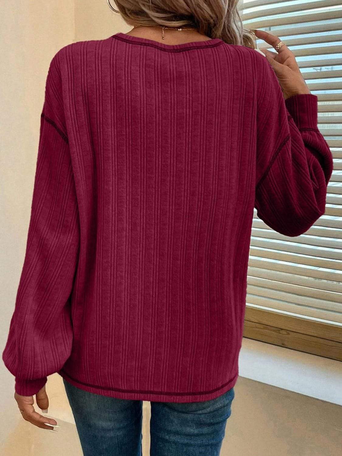 Mandy Contrast Stitching Round Neck Long Sleeve T-Shirt - Trendsi - Flyclothing LLC