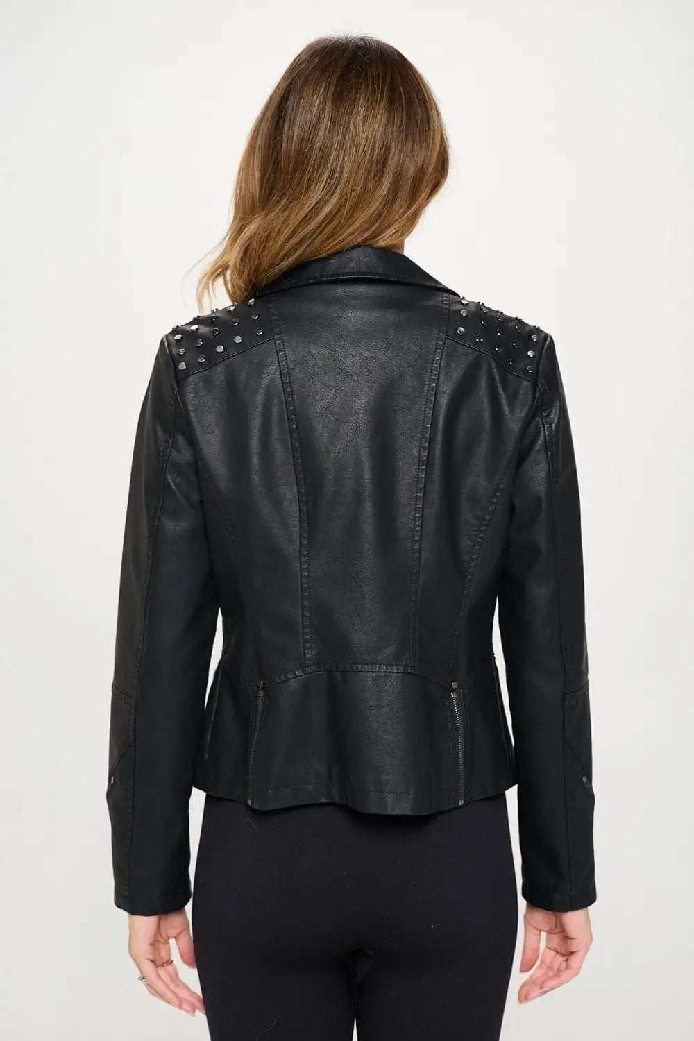 Coalition LA Studded Classic Moto Faux Leather Jacket - Trendsi - Flyclothing LLC