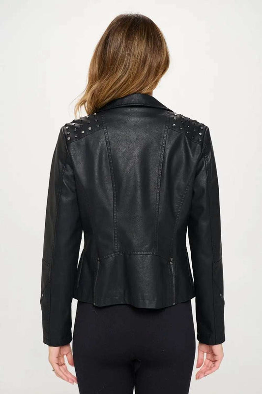 Coalition LA Studded Classic Moto Faux Leather Jacket - Trendsi - Flyclothing LLC