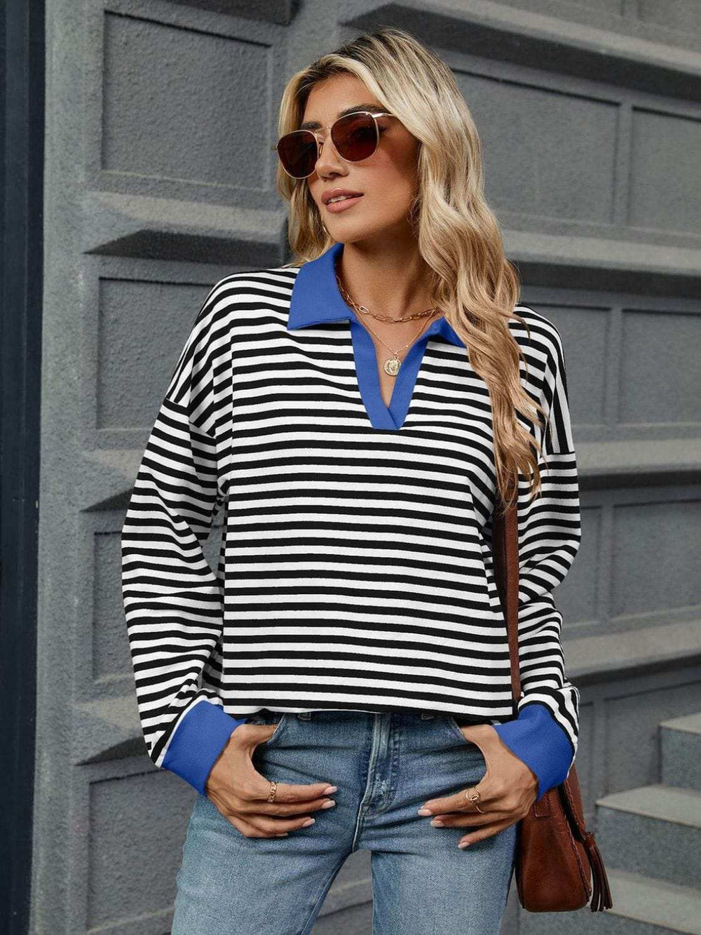 Striped Johnny Collar Long Sleeve Sweatshirt - Trendsi - Flyclothing LLC