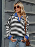 Striped Johnny Collar Long Sleeve Sweatshirt - Trendsi - Flyclothing LLC
