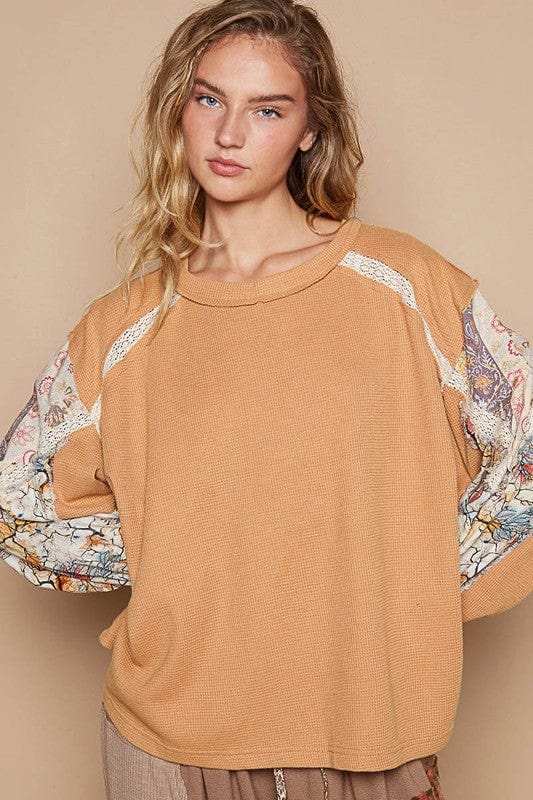 POL Waffle-Knit Lace Detail Round Neck Top - Trendsi - Flyclothing LLC