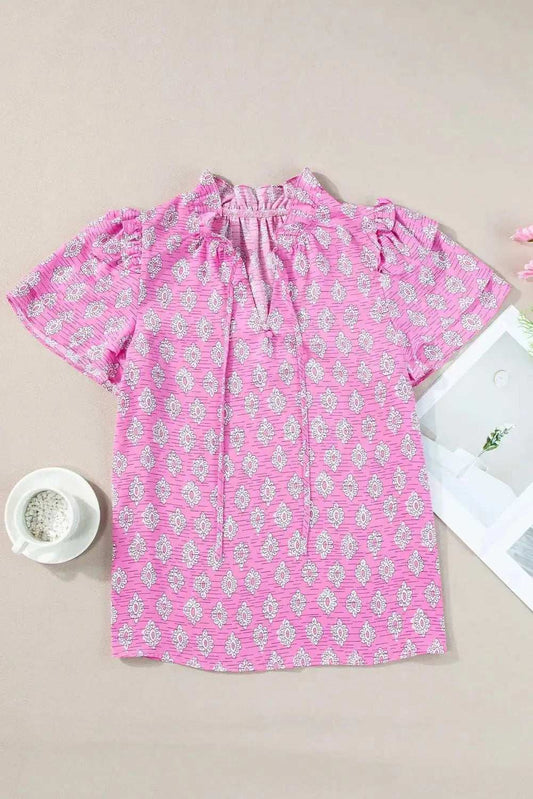 Ruffled Printed Tie Neck Short Sleeve Blouse - Trendsi - Flyclothing LLC