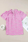 Ruffled Printed Tie Neck Short Sleeve Blouse - Trendsi - Flyclothing LLC