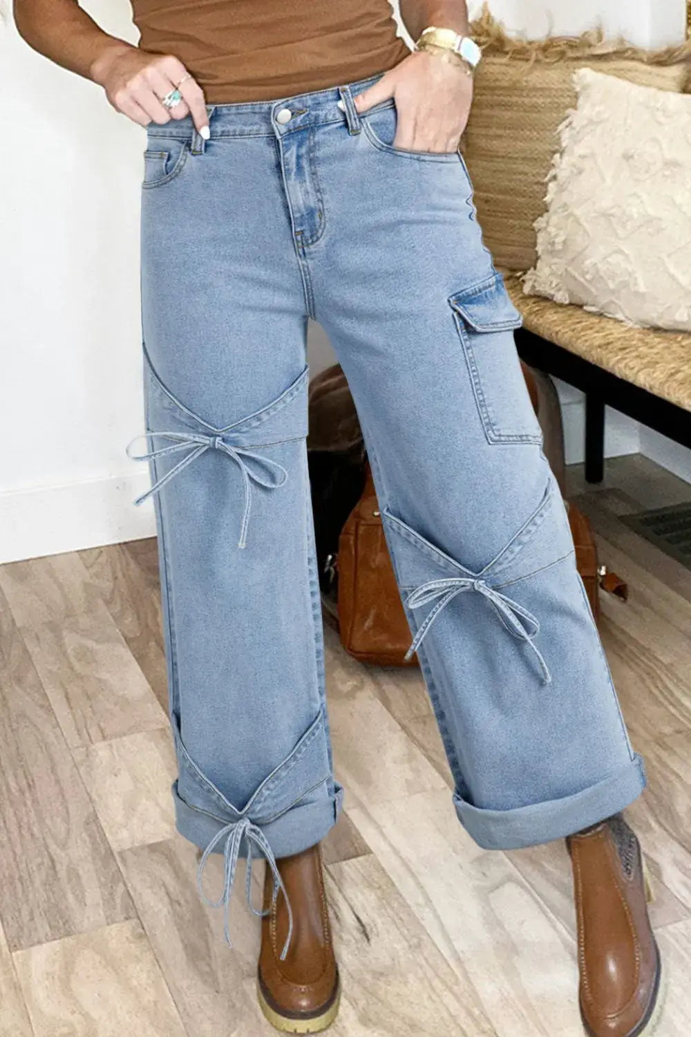Bowknot Decor Cargo Jeans - Trendsi - Flyclothing LLC