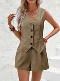 V-Neck Button Down Vest and Shorts Set - Trendsi - Flyclothing LLC