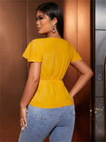 Twisted Solid V-Neck Cap Sleeve Blouse - Trendsi
