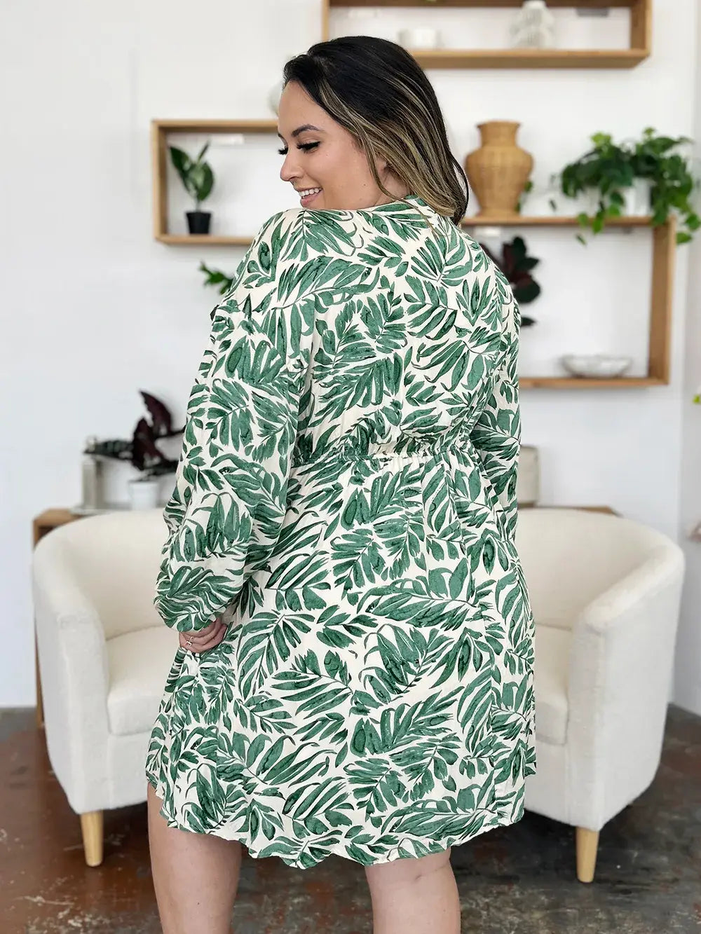 Double Take Full Size Printed Ruched Balloon Sleeve Dress - Trendsi - Flyclothing LLC