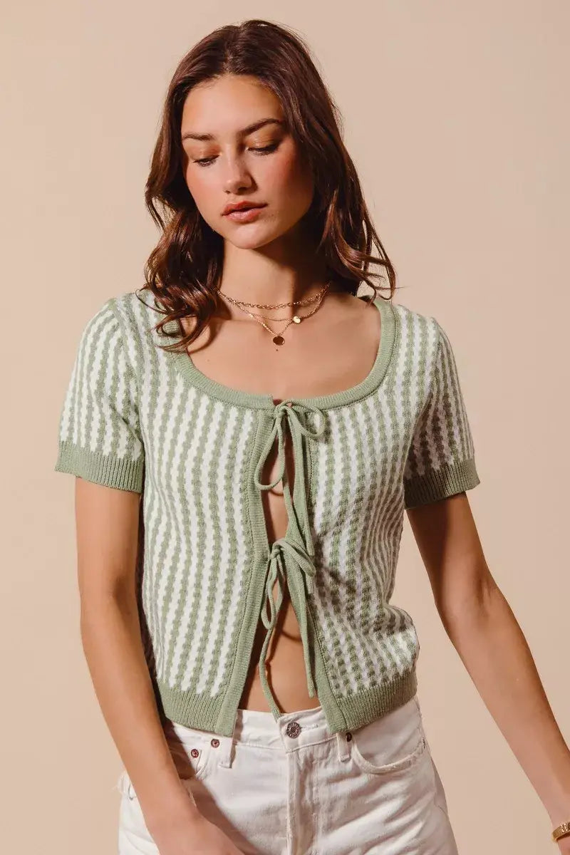 SO ME Tie Front Textured Vertical Stripe Knit Cardigan - Trendsi - Flyclothing LLC