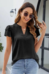 Ruffled Notched Short Sleeve Blouse - Trendsi