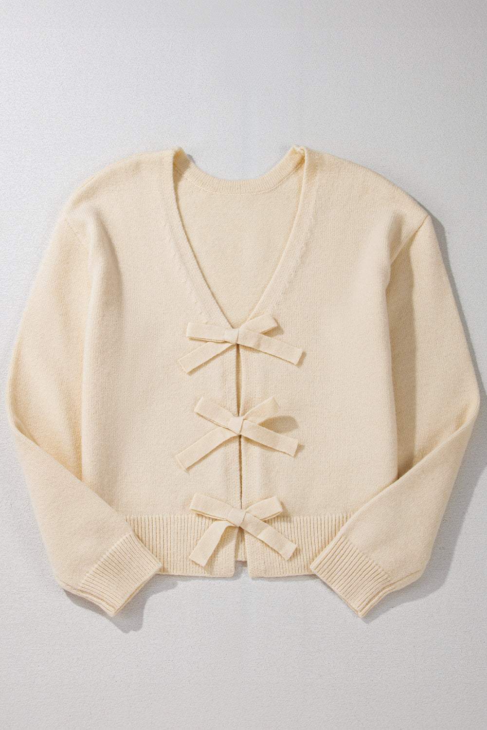 Bowknot Front V Neck Long Sleeve Cardigan - Trendsi - Flyclothing LLC