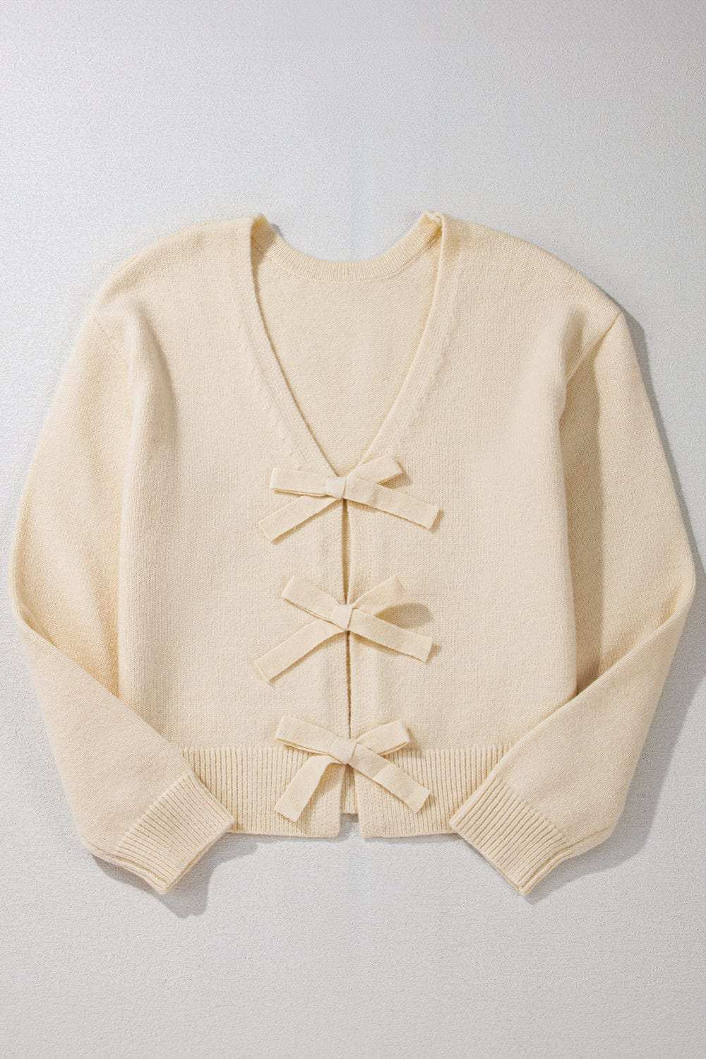 Bowknot Front V Neck Long Sleeve Cardigan - Trendsi - Flyclothing LLC