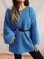 Boat Neck Long Sleeve Sweater with Belt - Trendsi