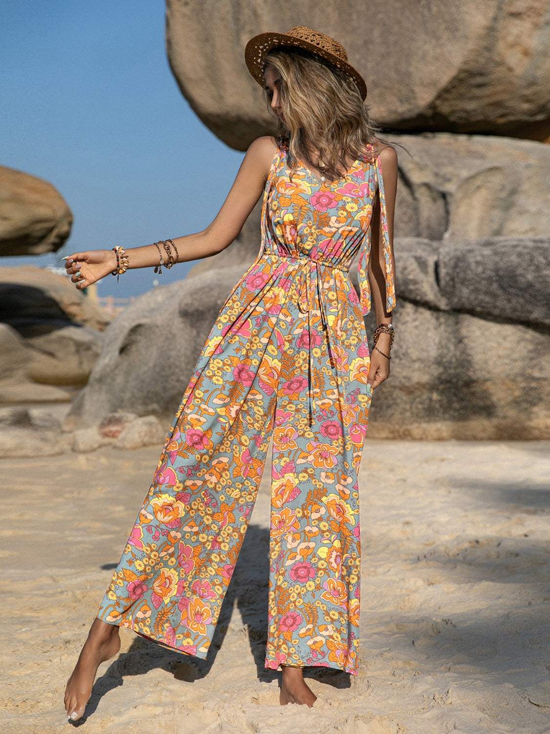 V-Neck Wide Leg Jumpsuit - Trendsi - Flyclothing LLC