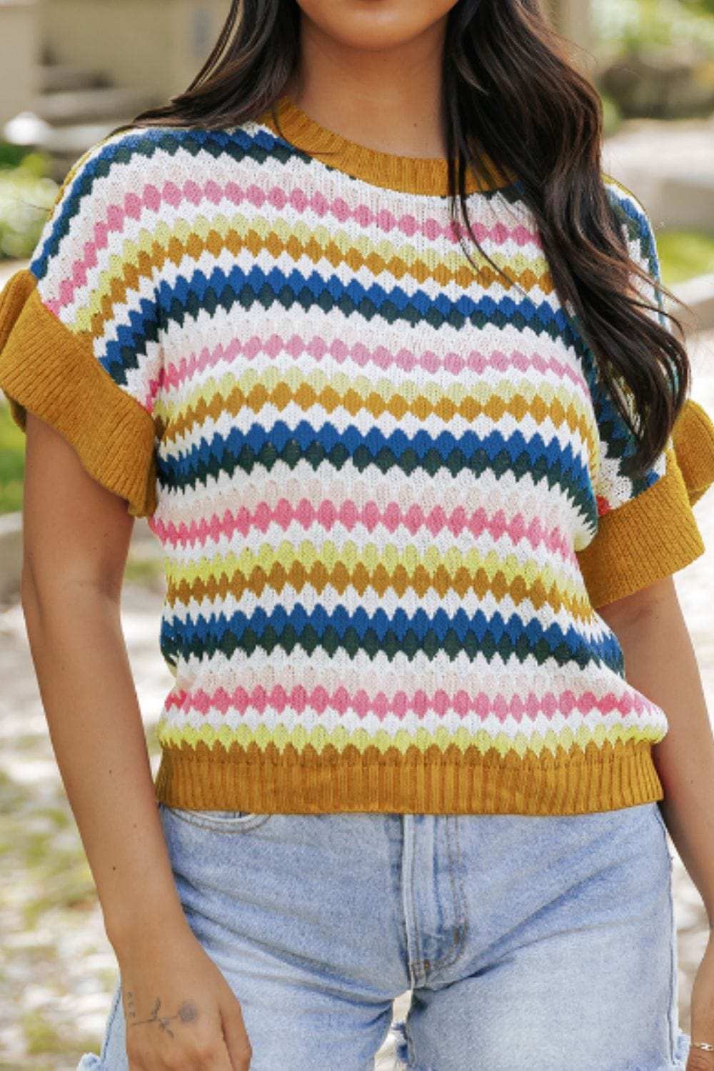 Contrast Round Neck Short Sleeve Sweater - Trendsi - Flyclothing LLC