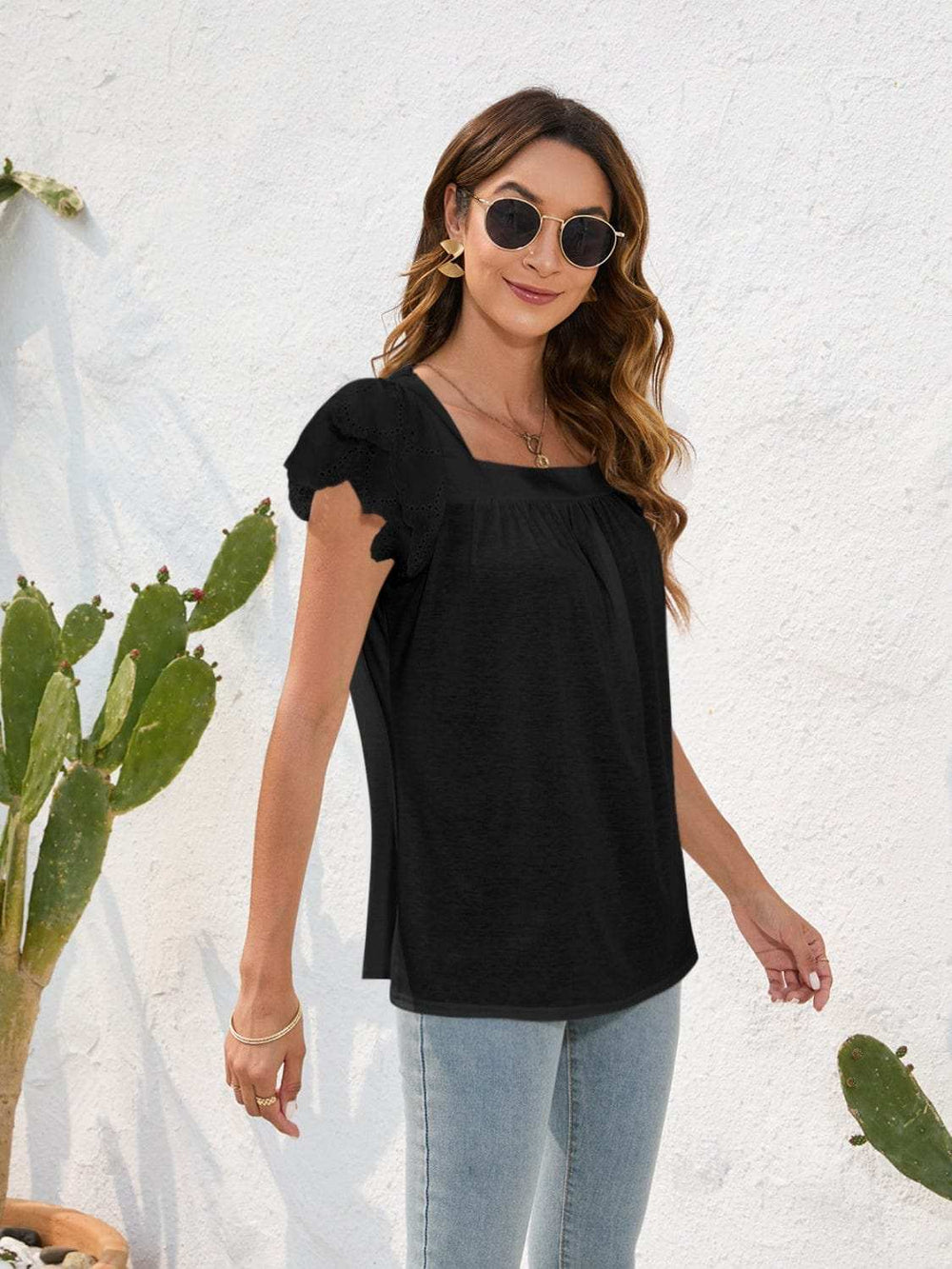 Ruffled Square Neck Cap Sleeve Blouse - Trendsi - Flyclothing LLC