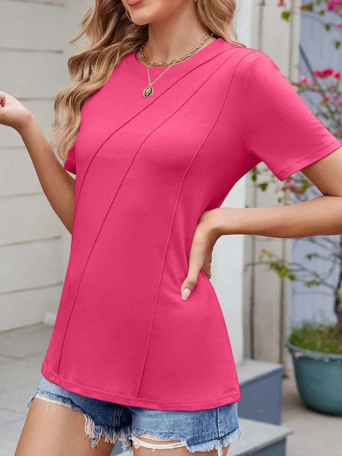 Round Neck Short Sleeve T-Shirt - Trendsi - Flyclothing LLC
