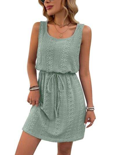 Eyelet Drawstring Round Neck Sleeveless Dress - Trendsi - Flyclothing LLC