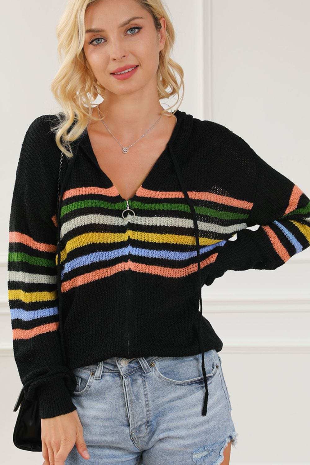 Striped Zip Up Hooded Sweater Cardigan - Trendsi - Flyclothing LLC