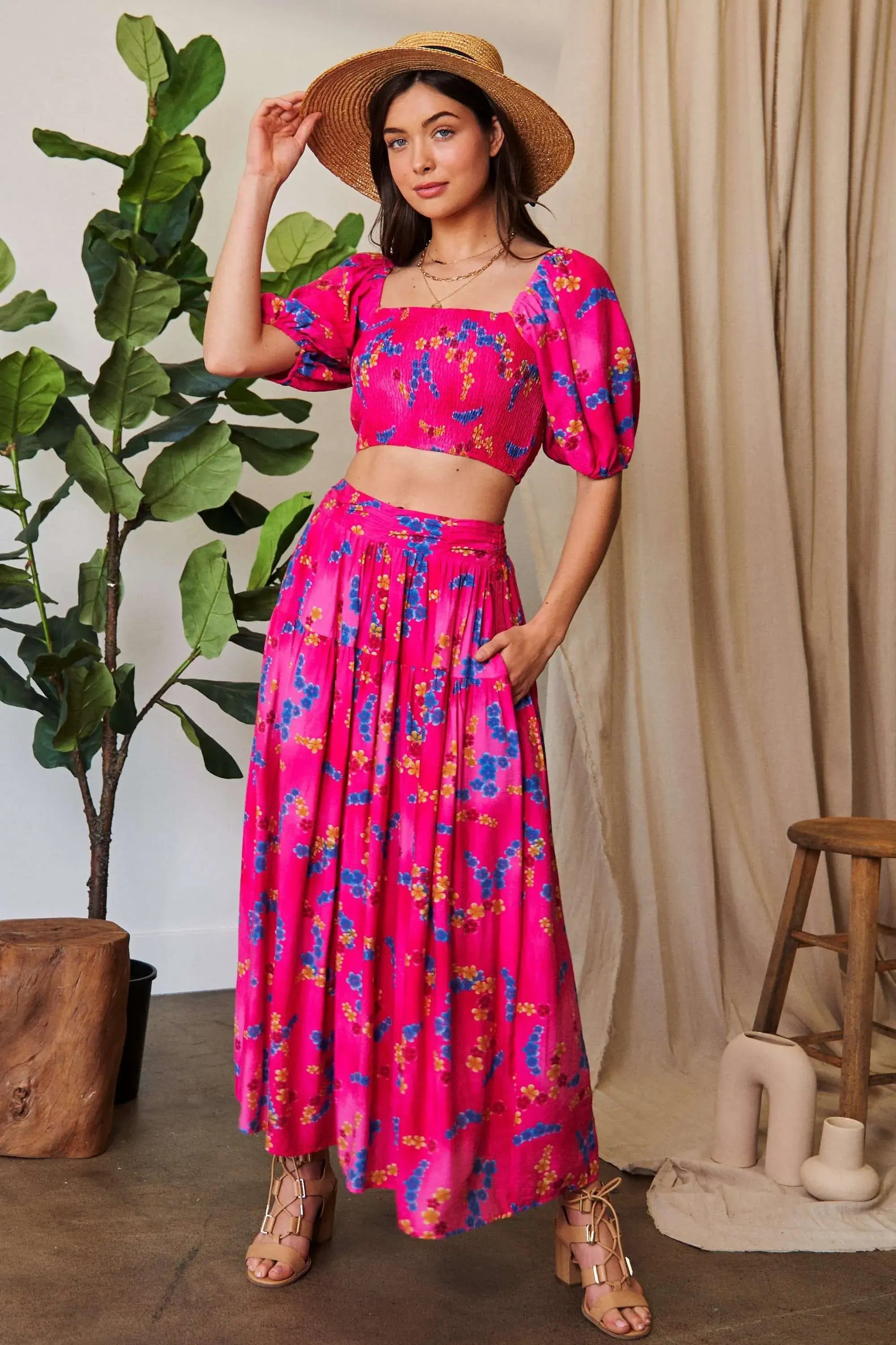 Davi & Dani Smocing Bodice Puff Short Sleeve Printed Crop Top - Trendsi - Flyclothing LLC