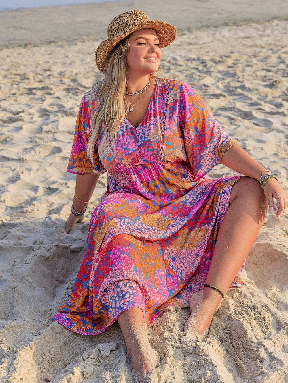Plus Size Printed V-Neck Half Sleeve Maxi Dress - Trendsi - Flyclothing LLC