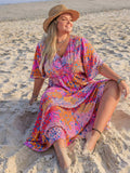 Plus Size Printed V-Neck Half Sleeve Maxi Dress - Trendsi - Flyclothing LLC