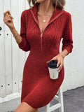 Perfee Cable-Knit Half Zip Long Sleeve Sweater Dress - Trendsi