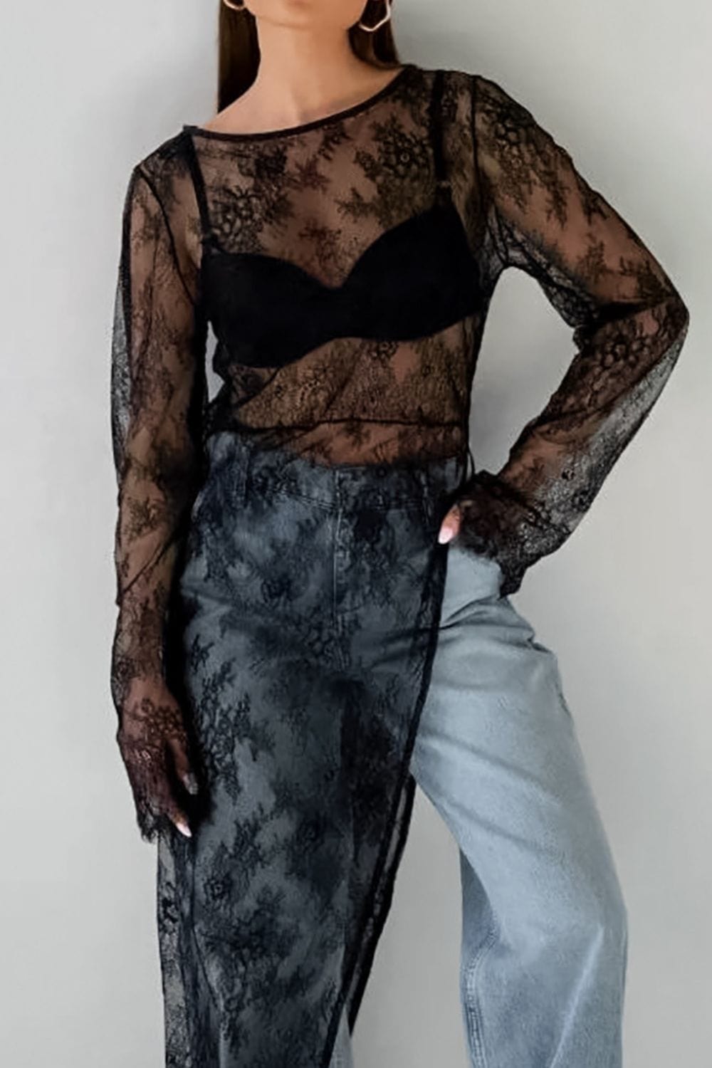 Fringe Round Neck Long Sleeve Lace Sheer Top - Trendsi
