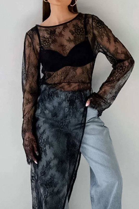Fringe Round Neck Long Sleeve Lace Sheer Top - Trendsi - Flyclothing LLC