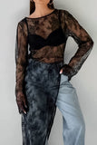 Fringe Round Neck Long Sleeve Lace Sheer Top - Trendsi