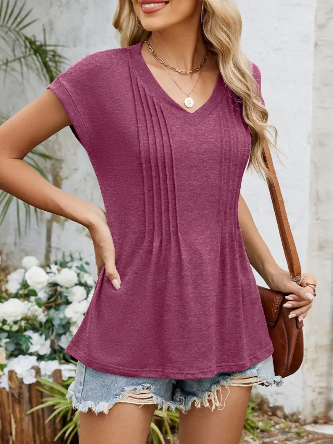 Casual V-Neck Pleated Front T-Shirt - Trendsi - Flyclothing LLC