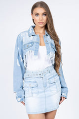 American Bazi Distressed Denim Jacket with Frayed Hem - Trendsi
