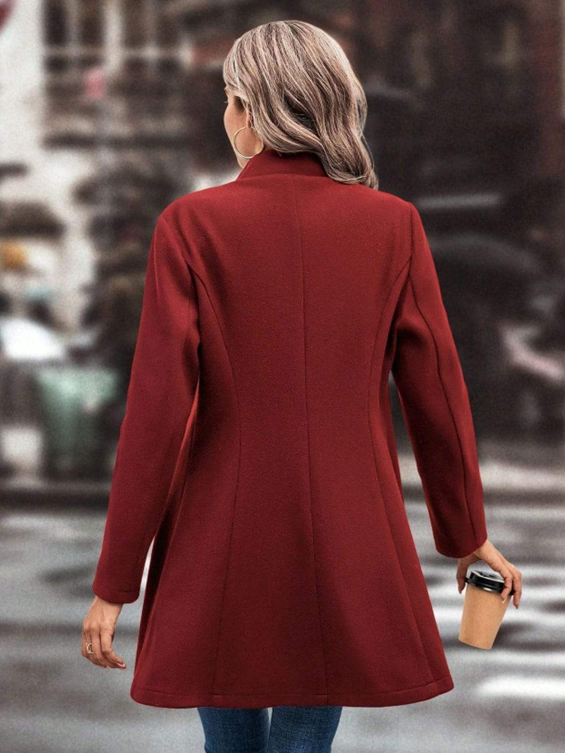 Collared Neck Button Up Long Sleeve Coat - Trendsi - Flyclothing LLC