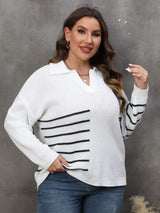 Plus Size Striped V-Neck Sweater - Trendsi - Flyclothing LLC